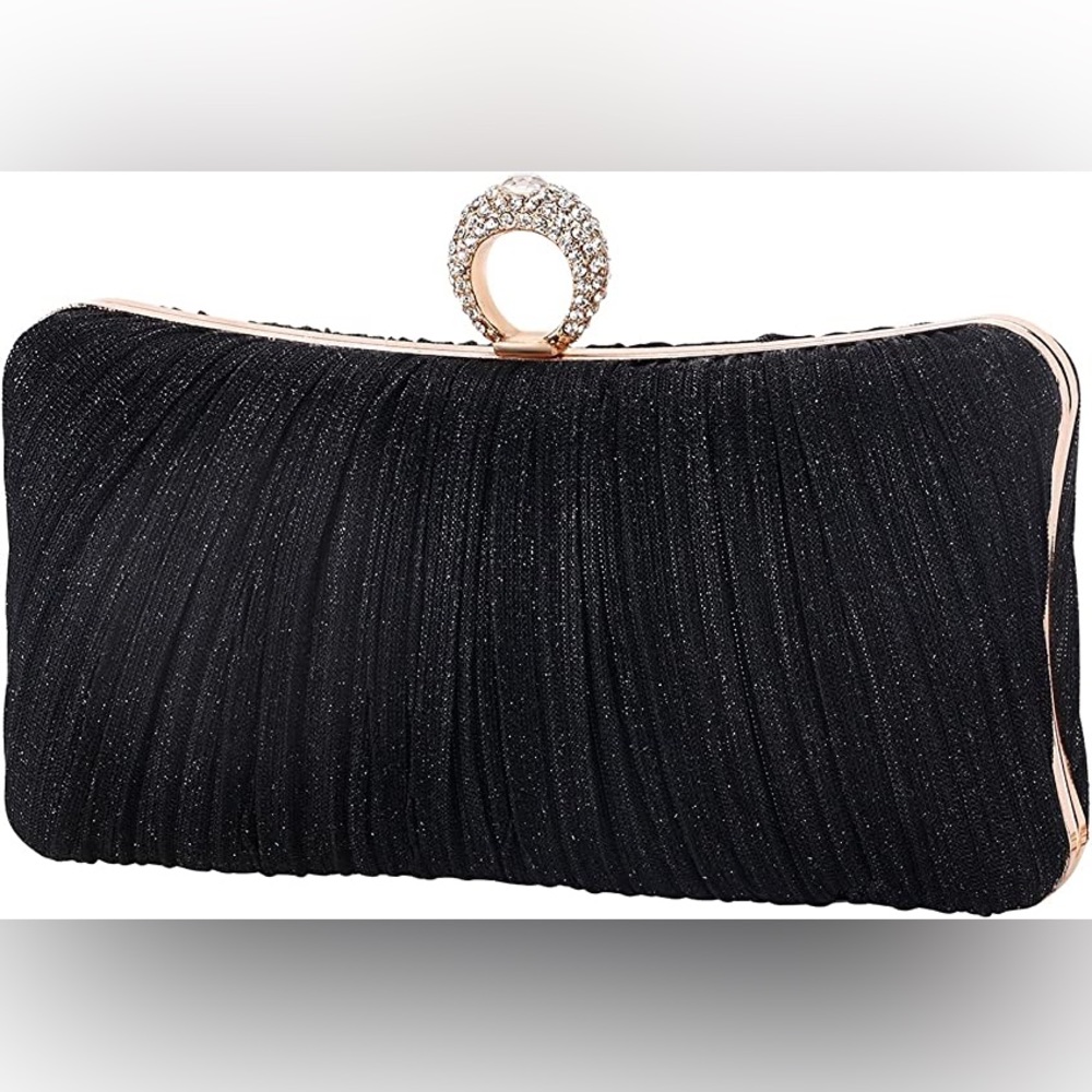 🦋 Women’s Golden Glitter Clutch Purse Pleated Evening Bag with Rhinestons